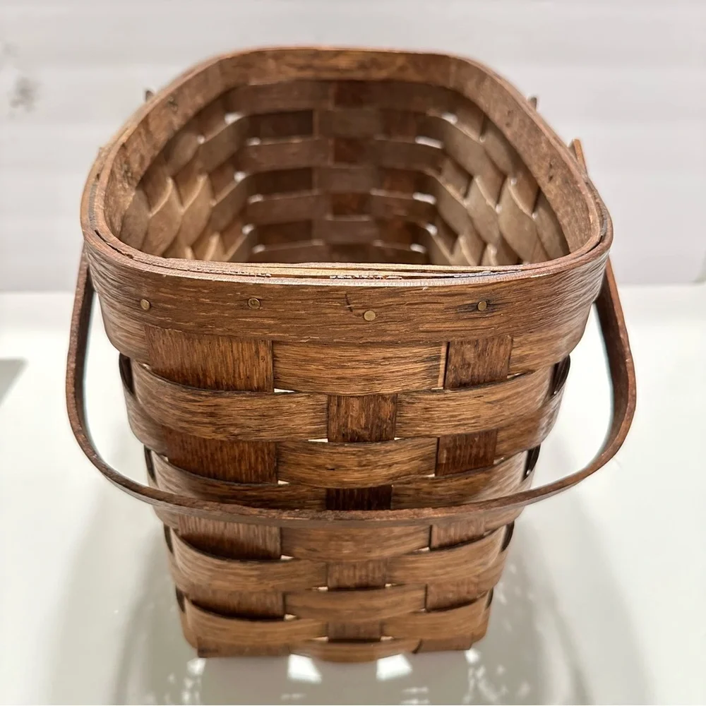 Vintage‎ Dark Brown Woven Basket Wooden Handles Rectangle Skinny Brass Hardware